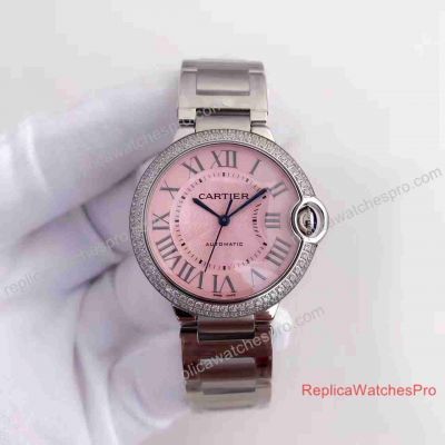 Replica Ballon Bleu De Cartier Ladies Watch Stainless Steel Pink Diamond Bezel